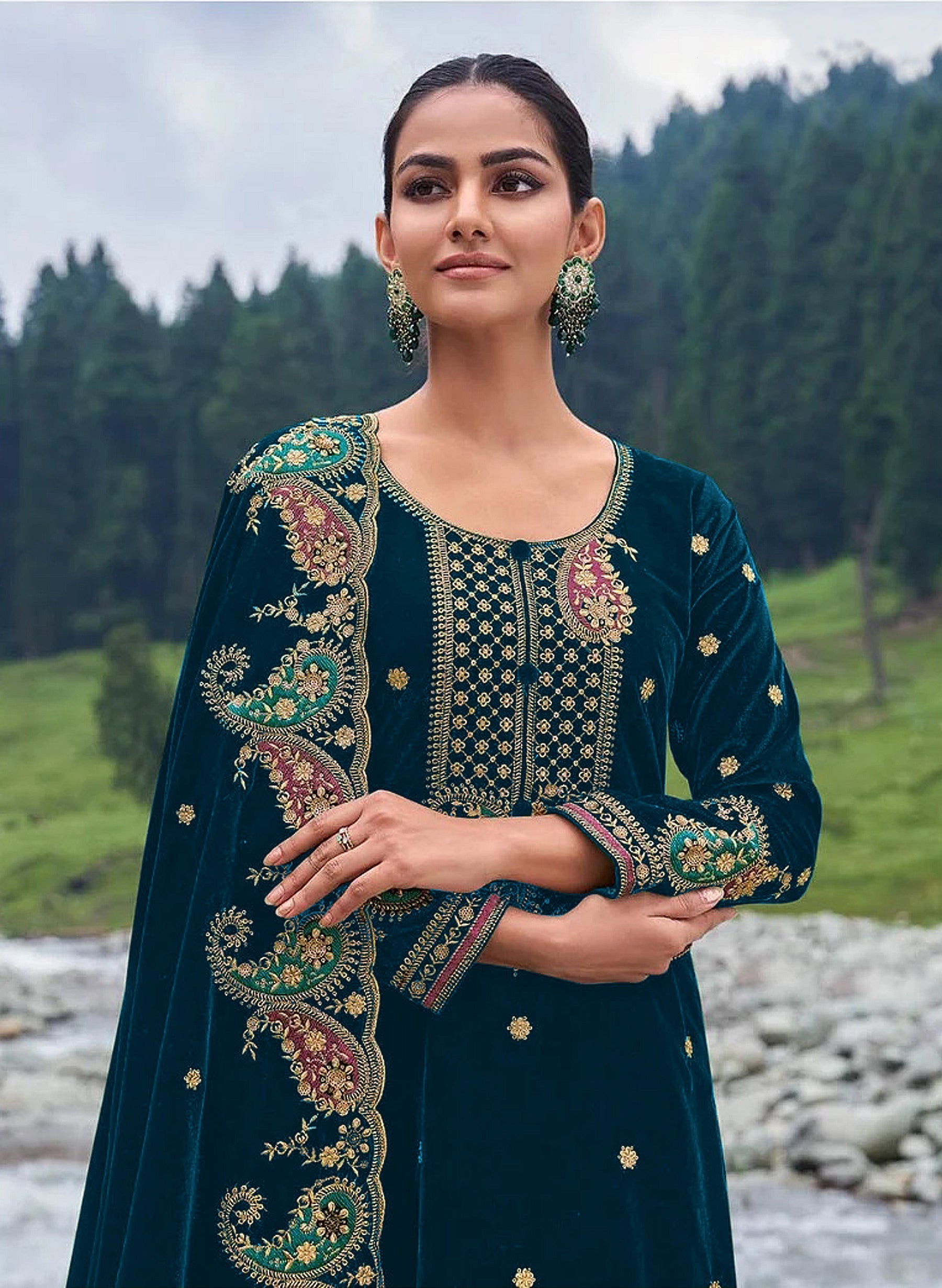 Rama Velvet Embroidered Salwar Suit Material with Sequence Work