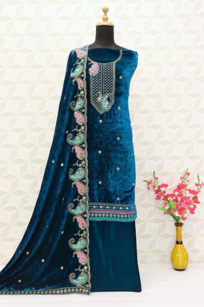 Rama Velvet Embroidered Salwar Suit Material with Sequence Work