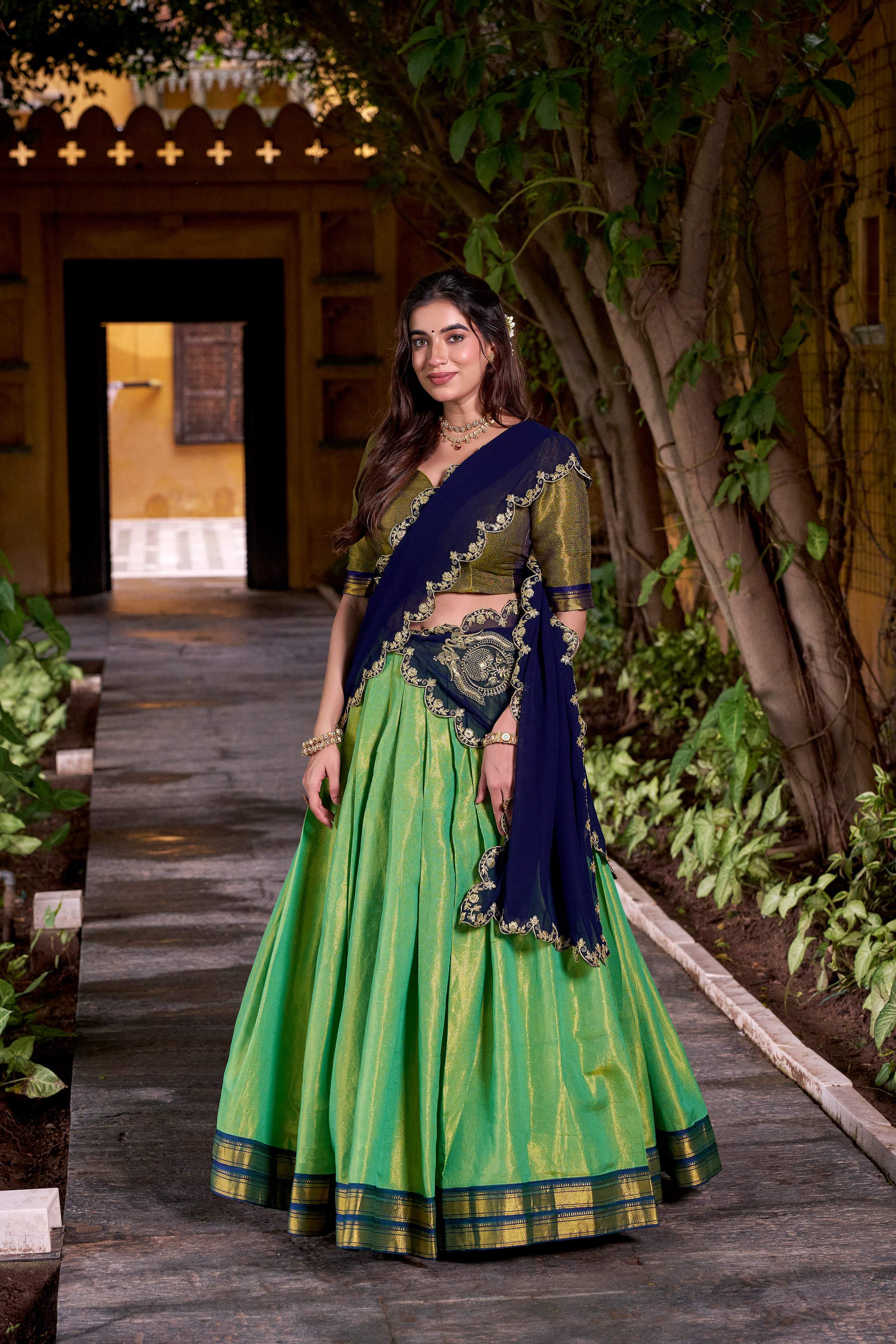 Seagreen Kanchipuram Silk Lehenga Choli with Zari Weaving Work