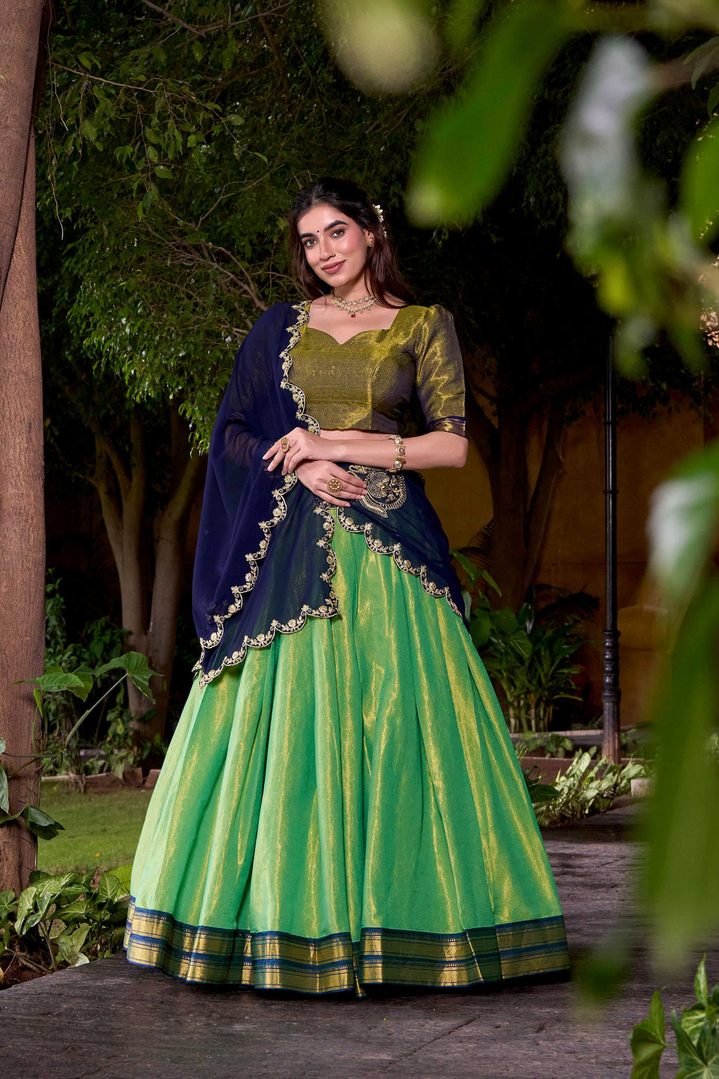 Seagreen Kanchipuram Silk Lehenga Choli with Zari Weaving Work