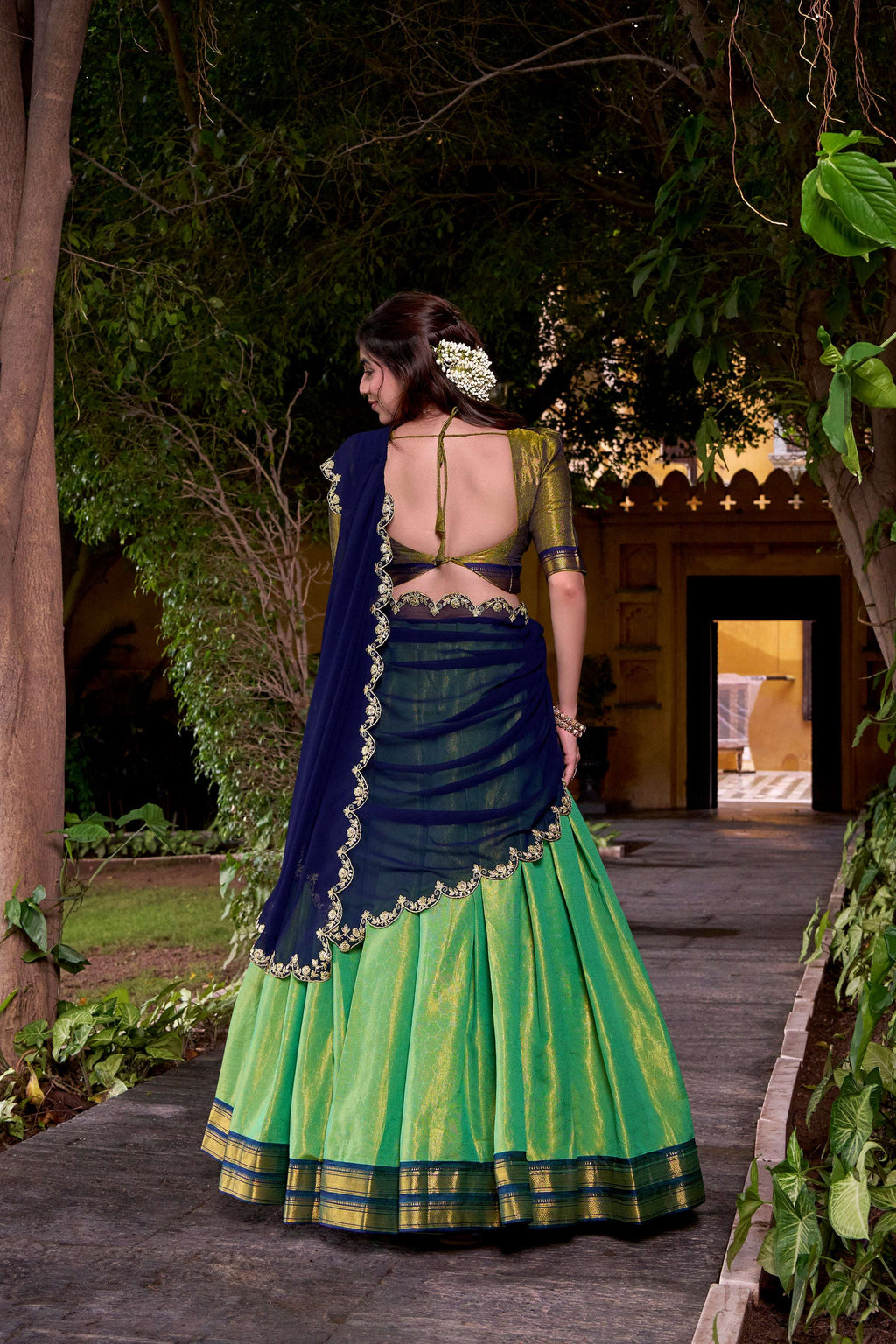 Seagreen Kanchipuram Silk Lehenga Choli with Zari Weaving Work