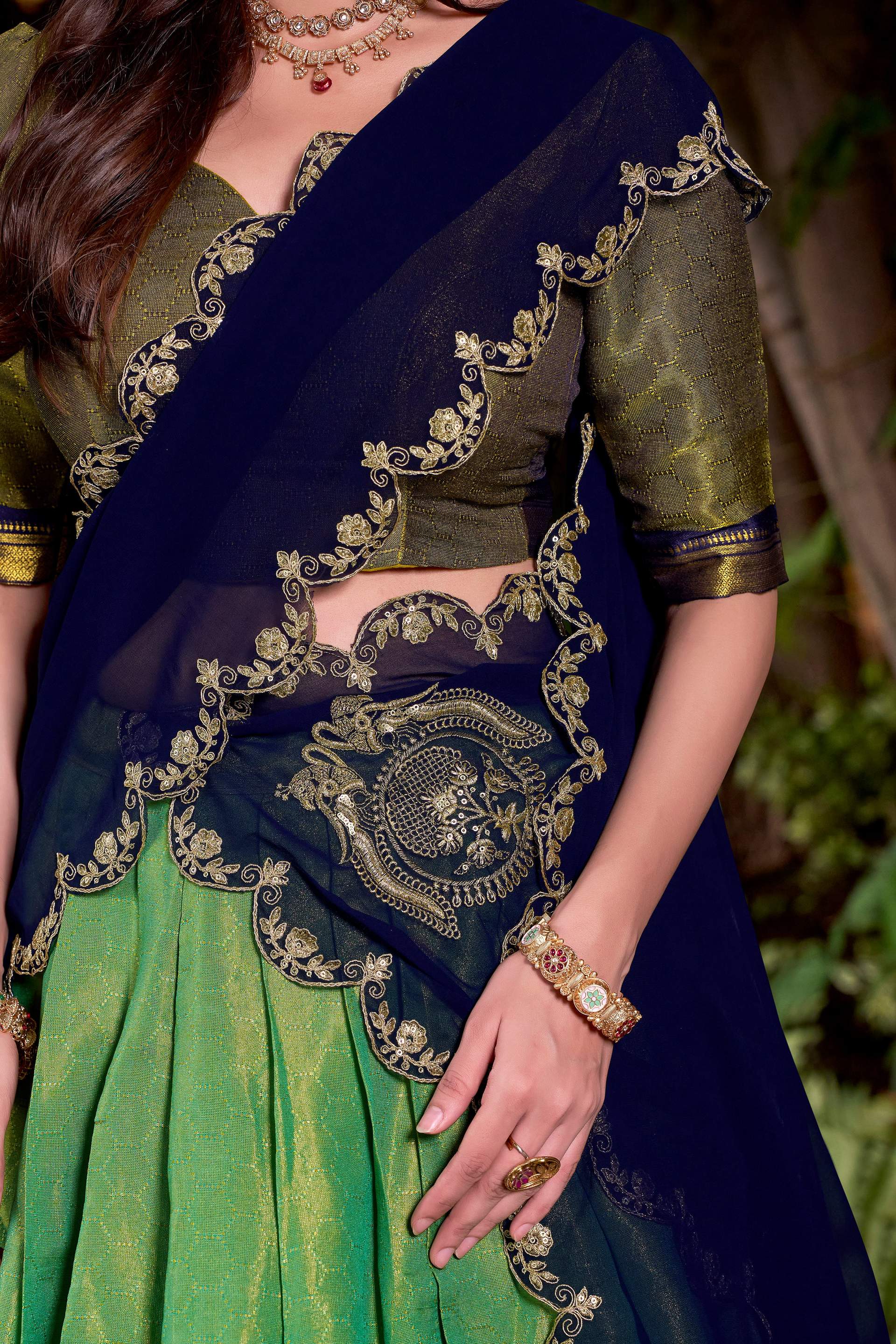 Seagreen Kanchipuram Silk Lehenga Choli with Zari Weaving Work