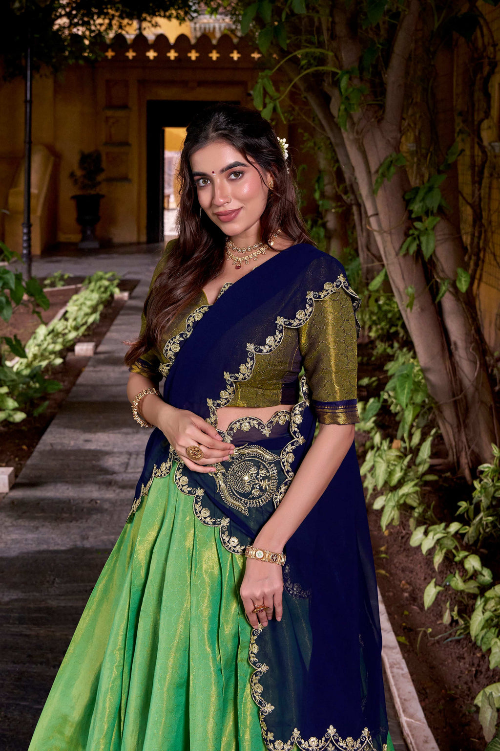 Seagreen Kanchipuram Silk Lehenga Choli with Zari Weaving Work