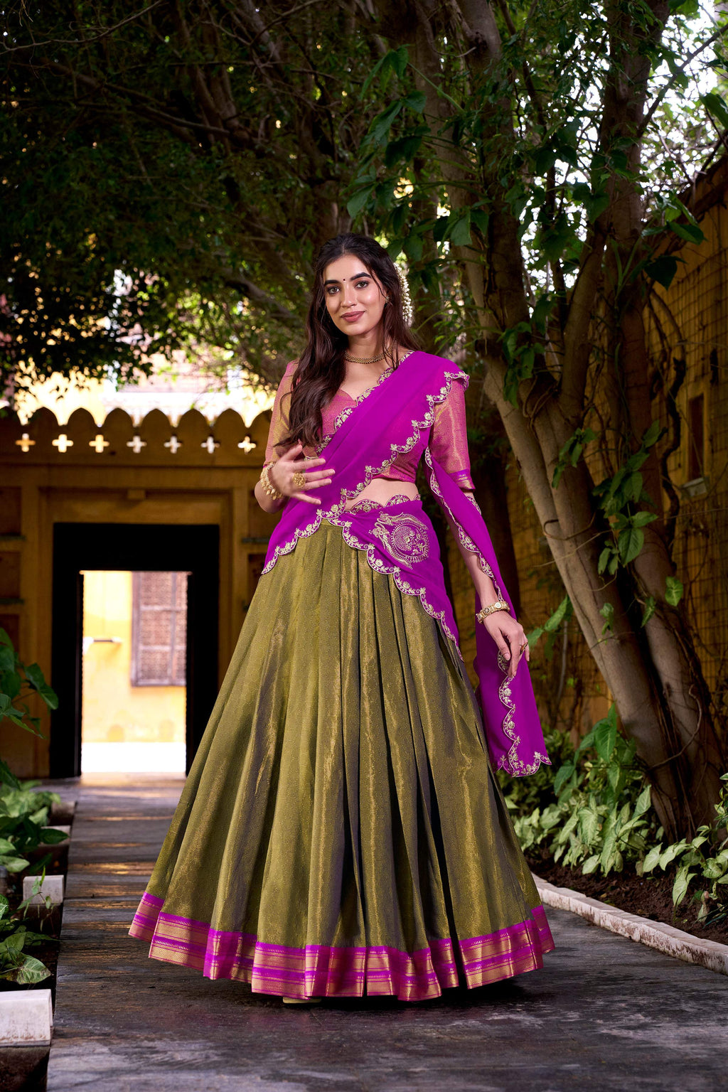 Mahendi Kanchipuram Silk Lehenga Choli with Zari Weaving Work