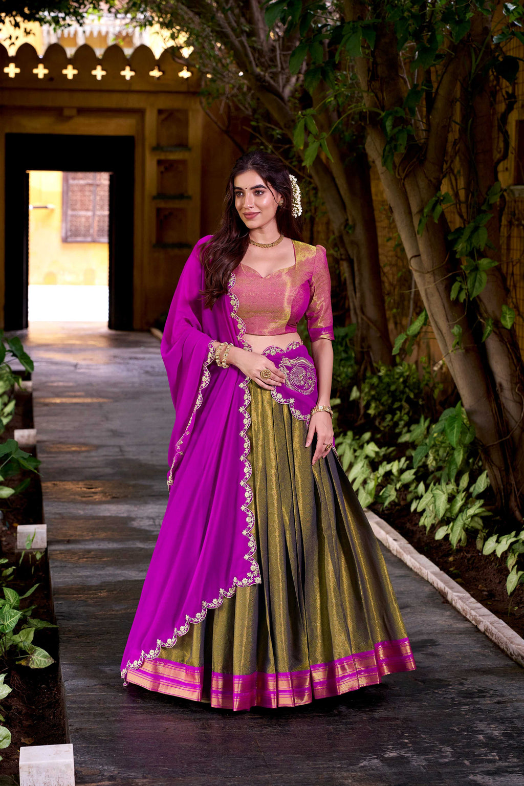Mahendi Kanchipuram Silk Lehenga Choli with Zari Weaving Work