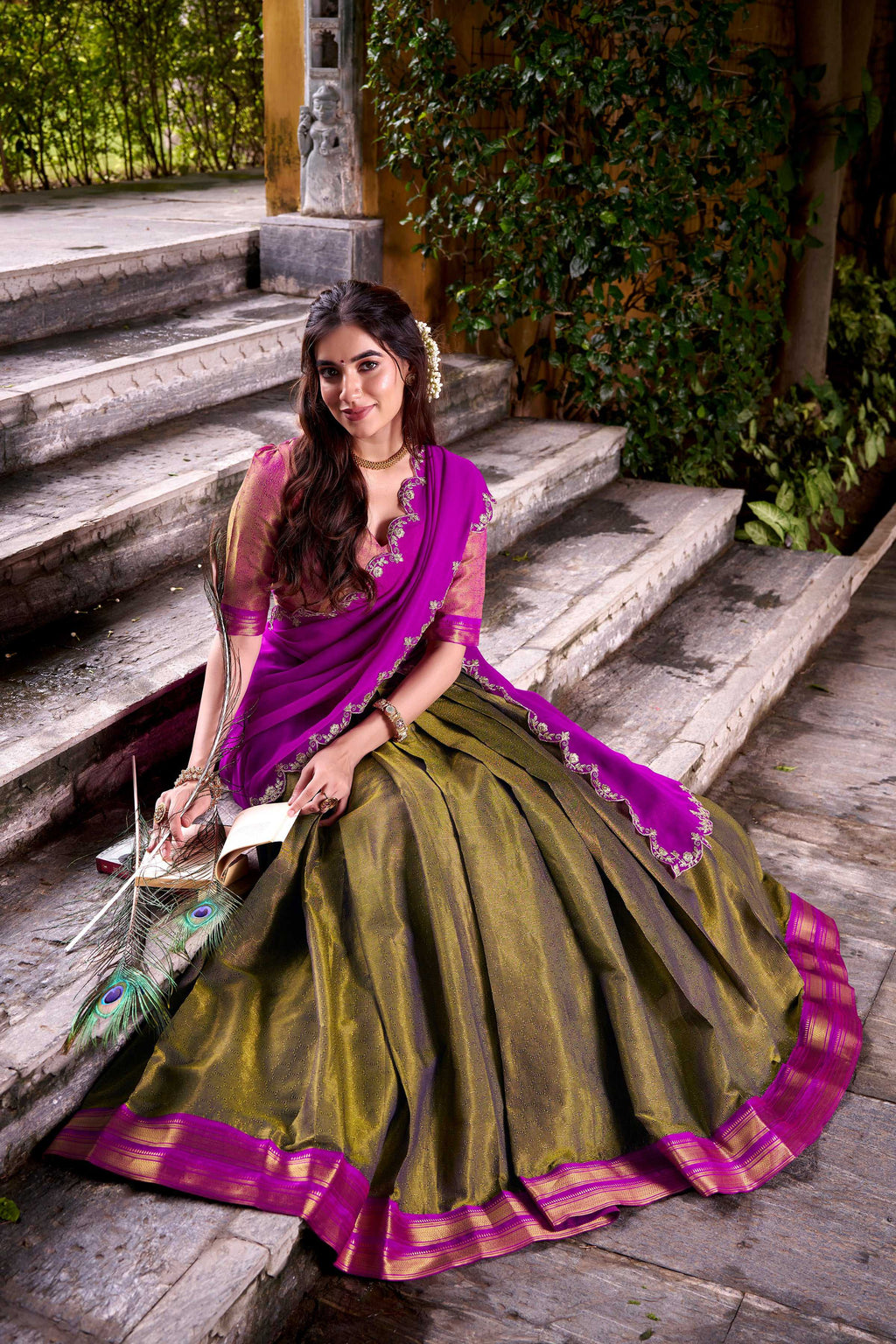 Mahendi Kanchipuram Silk Lehenga Choli with Zari Weaving Work