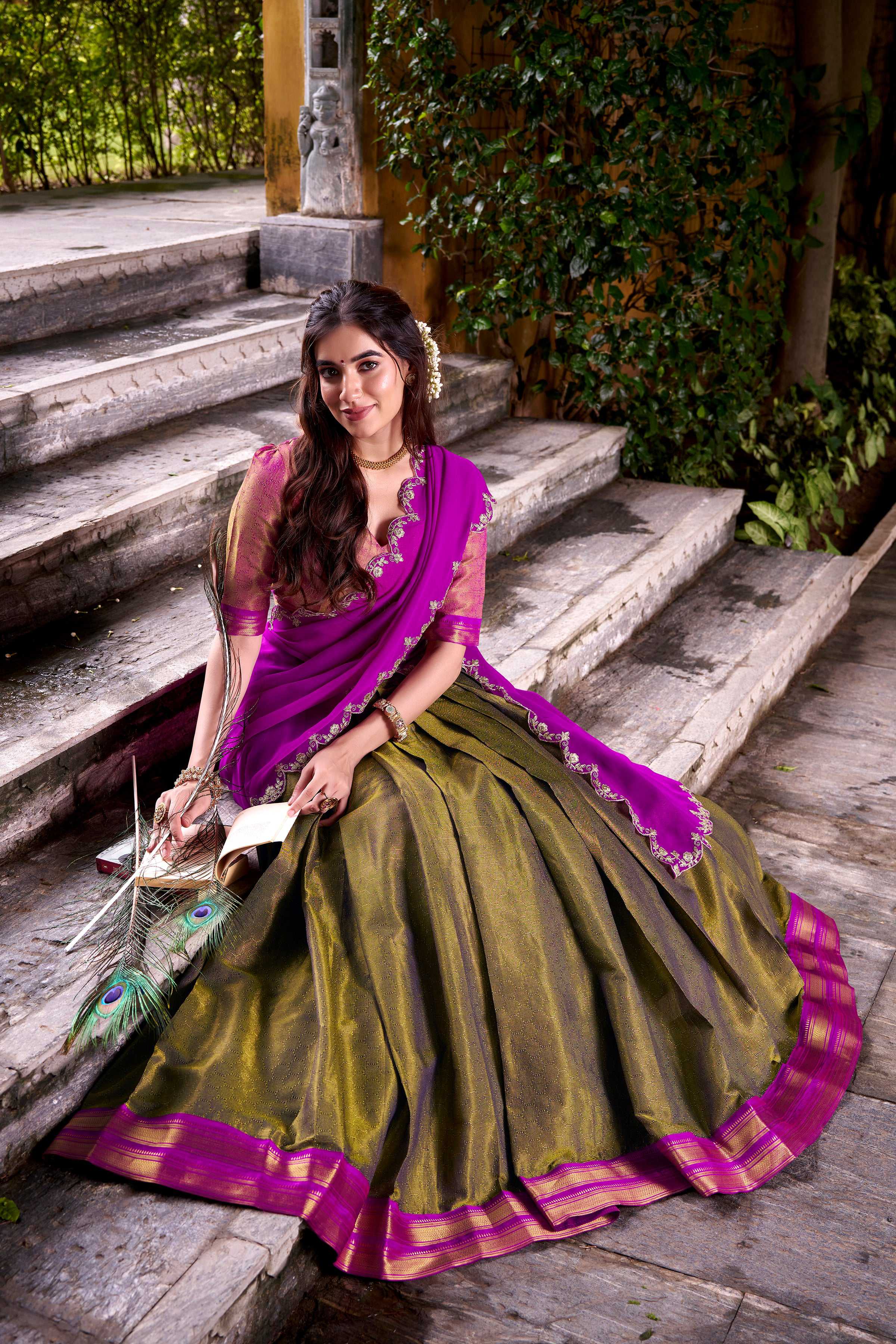 Mahendi Kanchipuram Silk Lehenga Choli with Zari Weaving Work