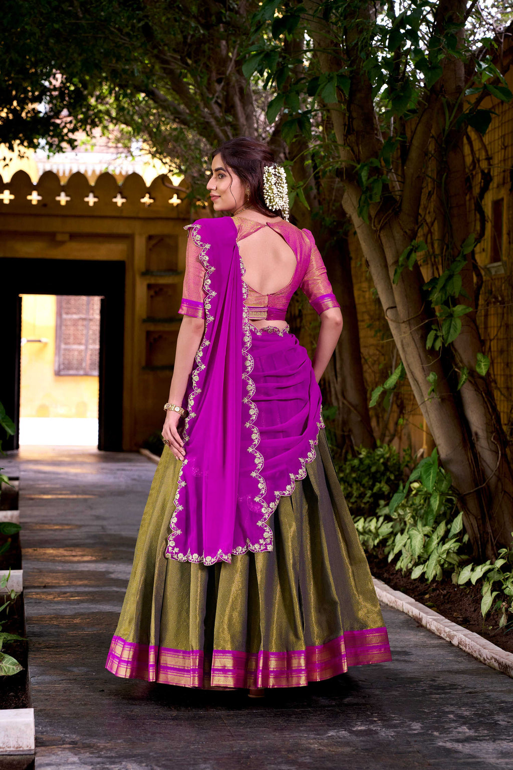 Mahendi Kanchipuram Silk Lehenga Choli with Zari Weaving Work
