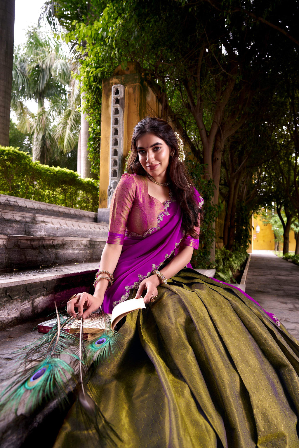 Mahendi Kanchipuram Silk Lehenga Choli with Zari Weaving Work