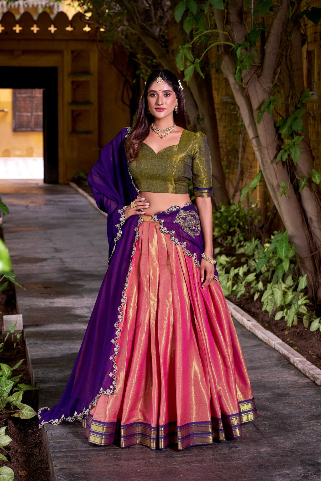 Lorenvalley Fashion Pink Kanchipuram Zari Weaving Work Lehenga Choli with Dupatta