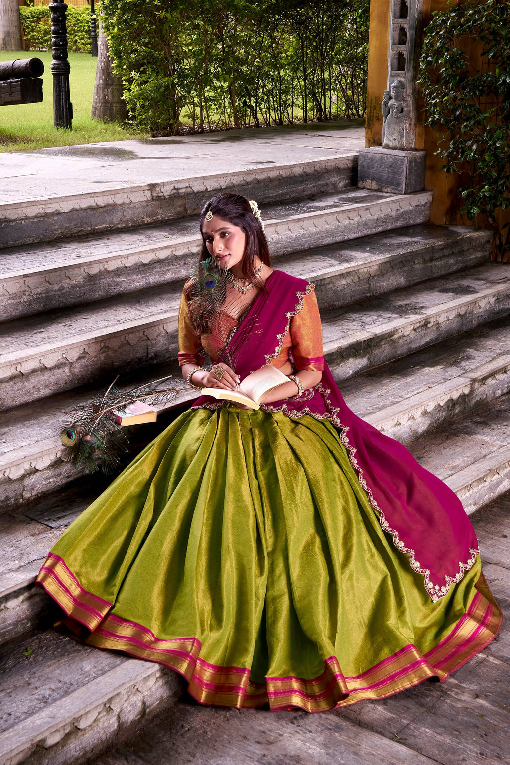 Lorenvalley Fashion Pista Kanchipuram Zari Weaving Work Lehenga Choli with Dupatta