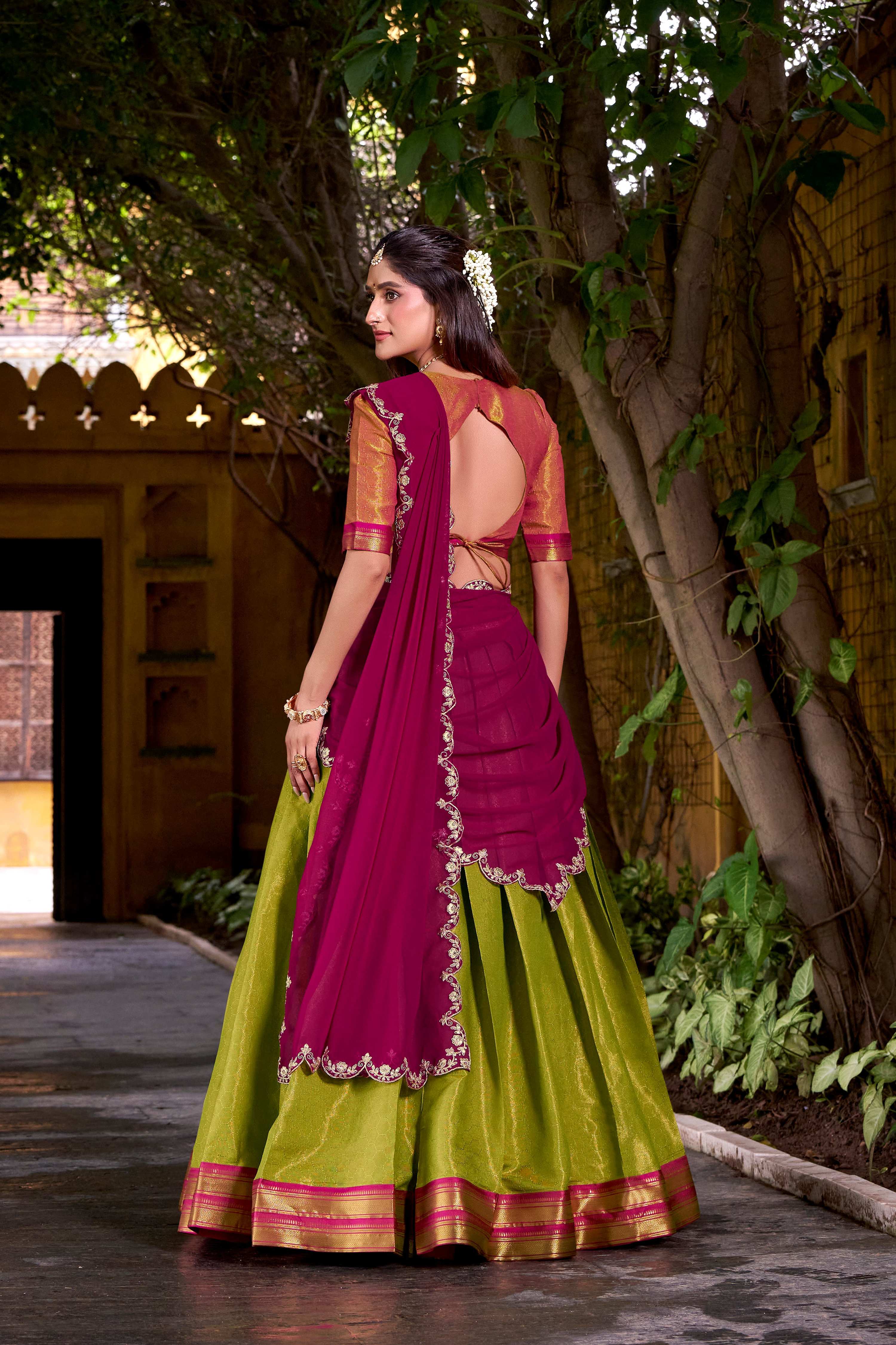 Lorenvalley Fashion Pista Kanchipuram Zari Weaving Work Lehenga Choli with Dupatta