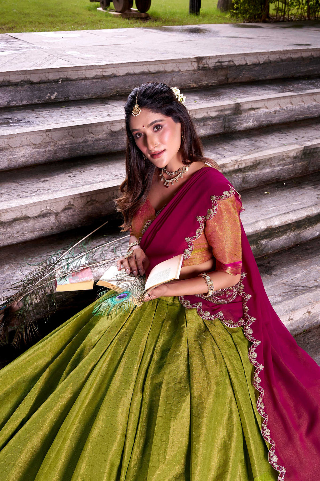 Lorenvalley Fashion Pista Kanchipuram Zari Weaving Work Lehenga Choli with Dupatta