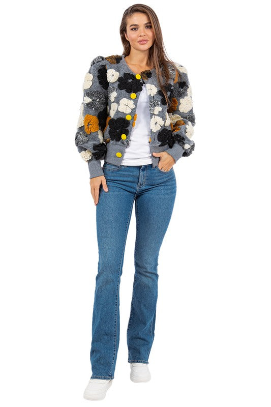 Women's Floral Knit Jacket with 3D Flower Design