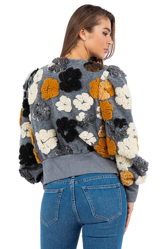 Women's Floral Knit Jacket with 3D Flower Design