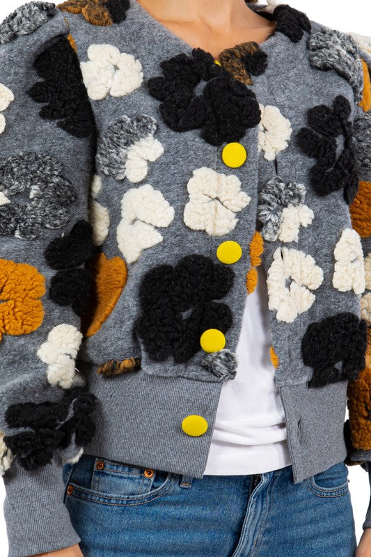 Women's Floral Knit Jacket with 3D Flower Design