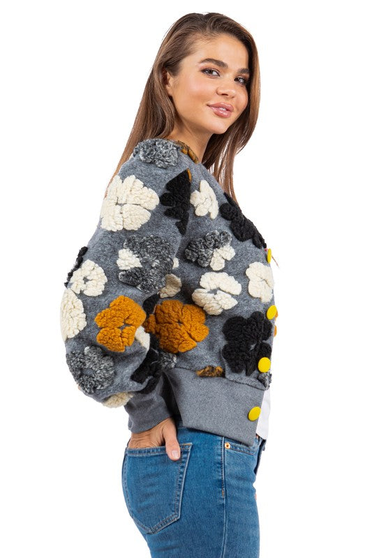 Women's Floral Knit Jacket with 3D Flower Design
