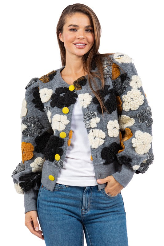 Women's Floral Knit Jacket with 3D Flower Design