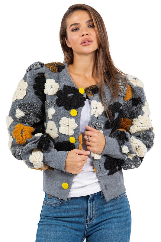 Women's Floral Knit Jacket with 3D Flower Design