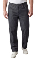 Men wearing relaxed fit pull-on pants in denim and twill, available in black, beige, and navy.