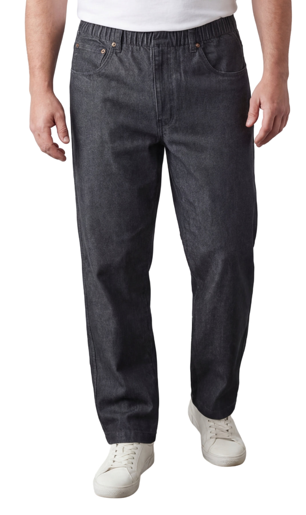 Men wearing relaxed fit pull-on pants in denim and twill, available in black, beige, and navy.