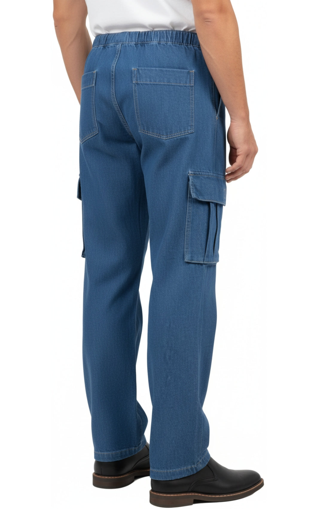 Men's Relaxed Pull-On Denim Cargo Jeans in Medium Blue