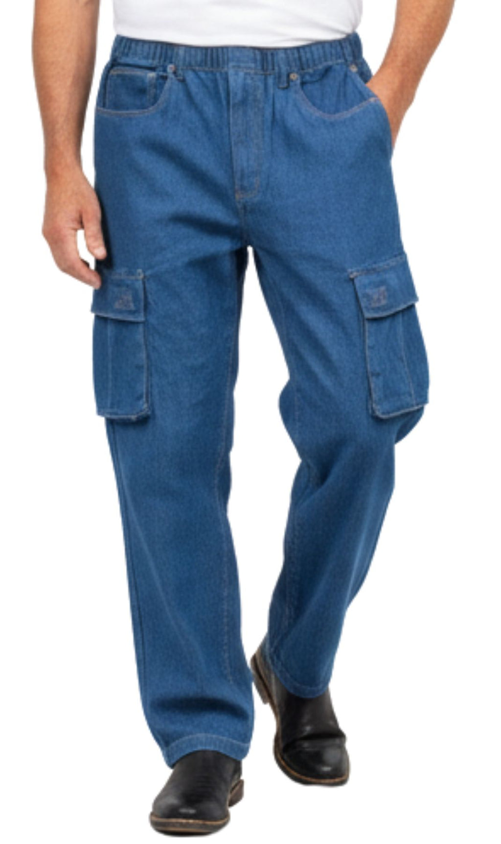 Men's relaxed fit medium-blue denim cargo pants with elastic waistband and dual side pockets
