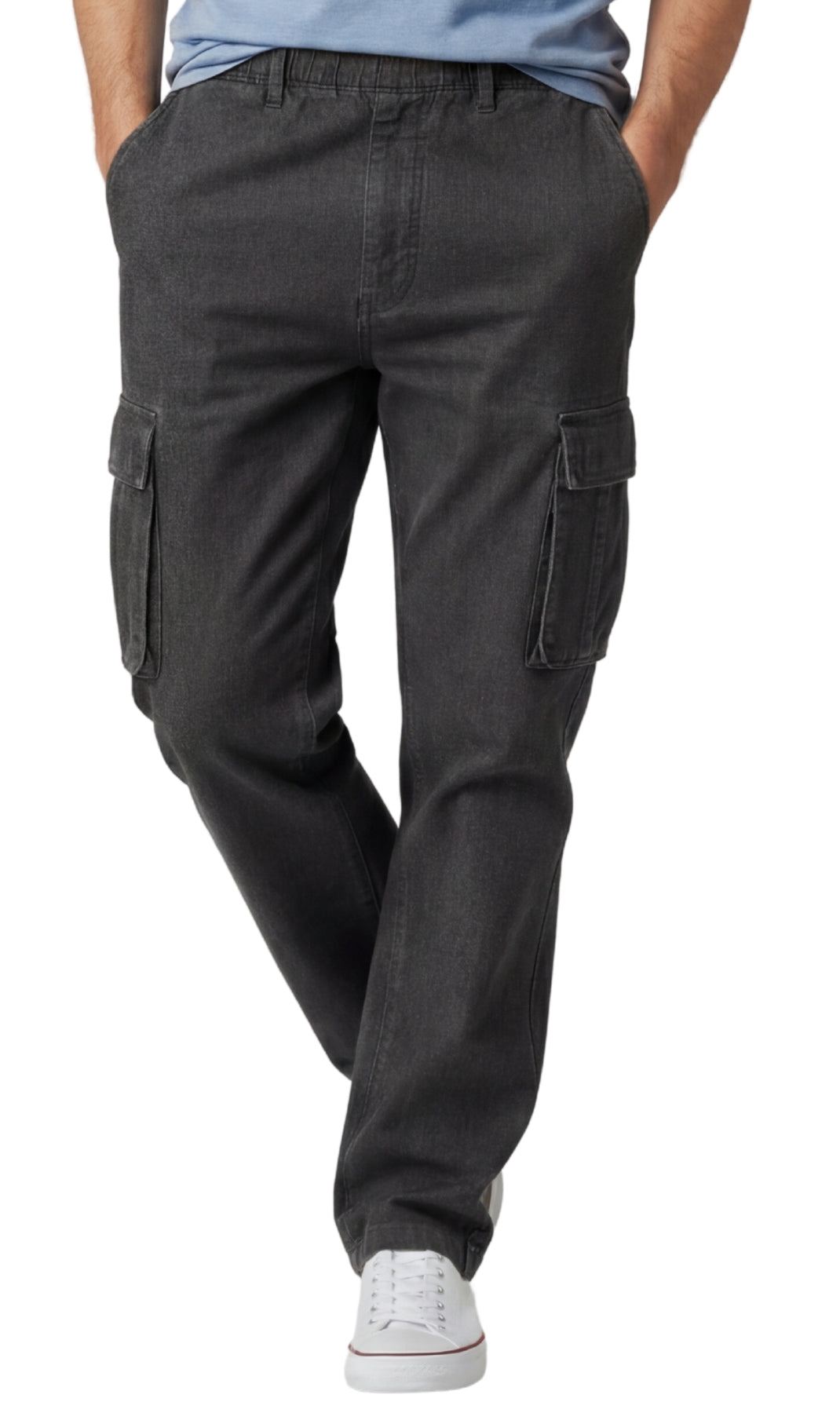 Men's Relaxed Pull-On Denim Cargo Jeans in Medium Blue