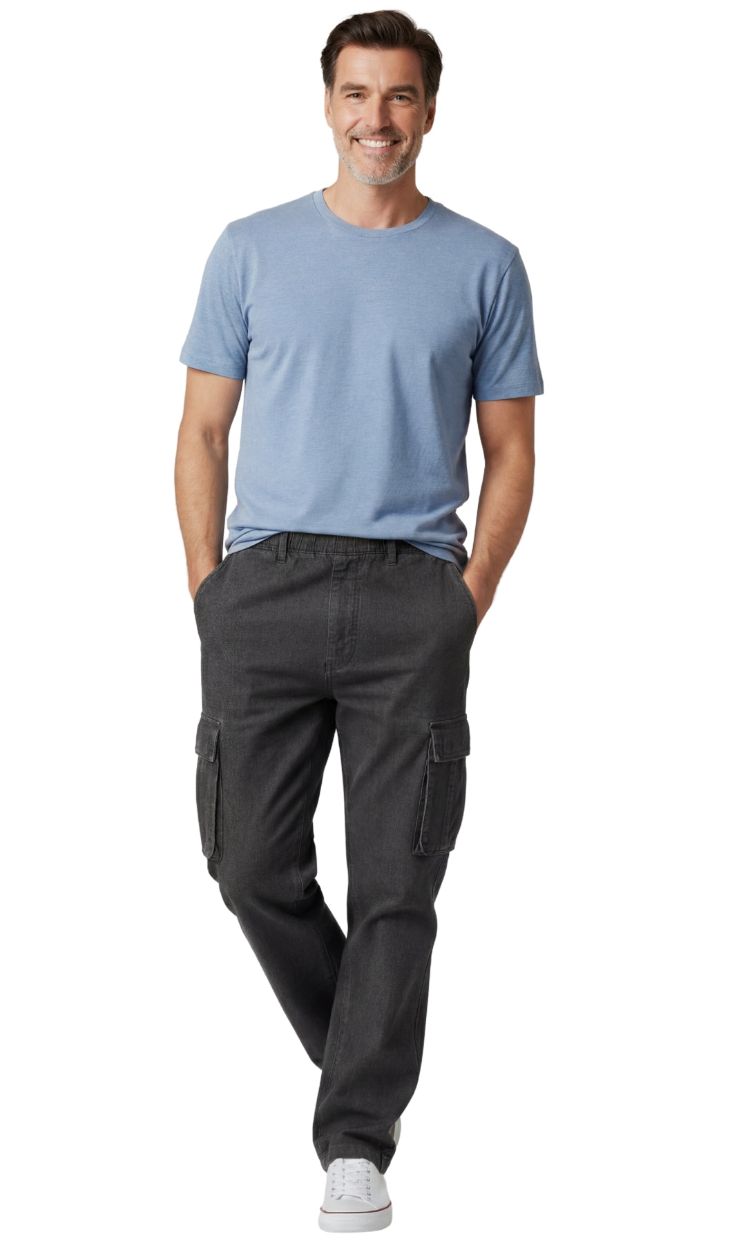 Men's Relaxed Pull-On Denim Cargo Jeans in Medium Blue