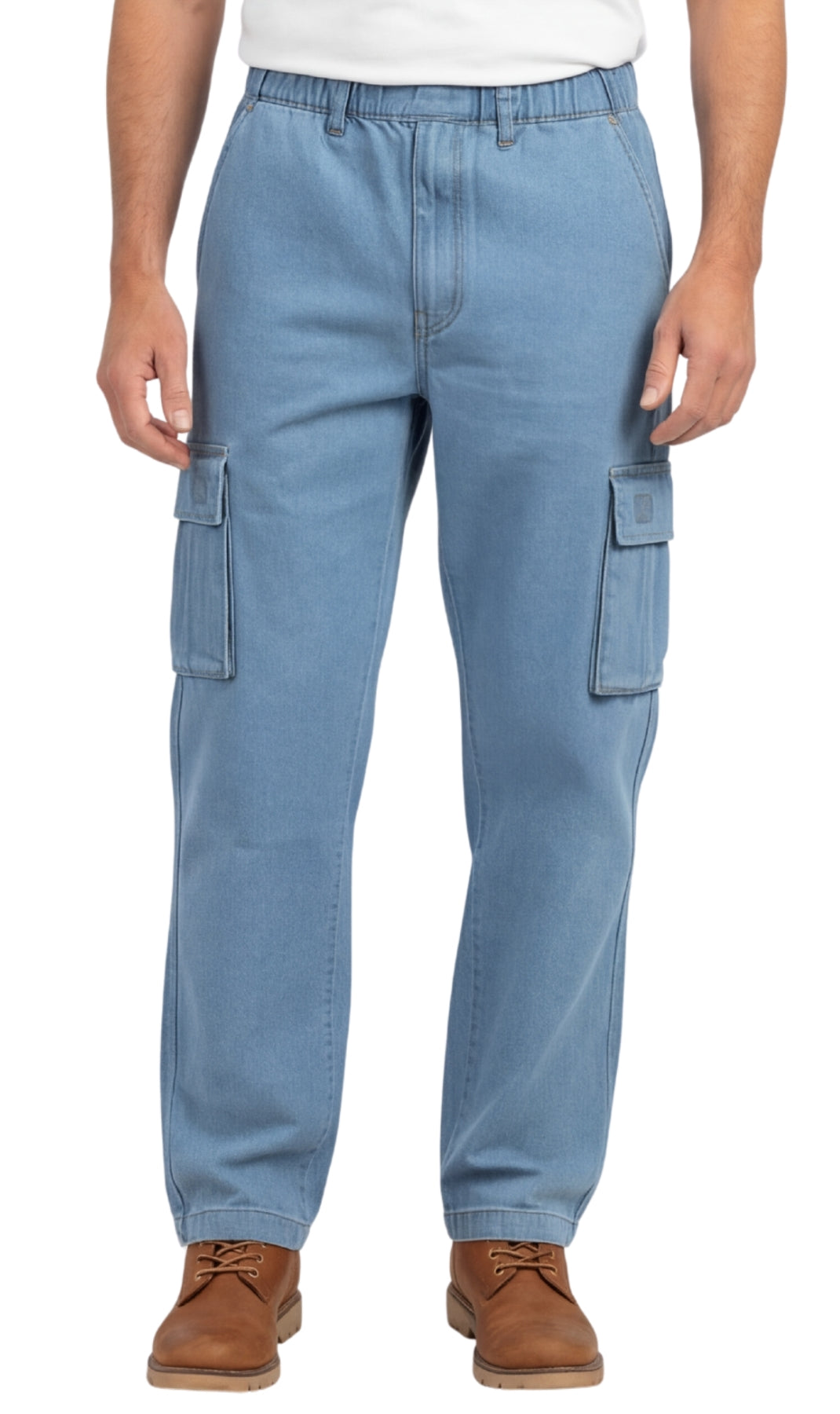 Men's Relaxed Pull-On Denim Cargo Jeans in Medium Blue