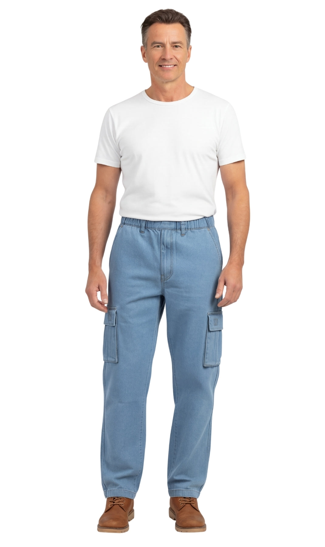 Men's Relaxed Pull-On Denim Cargo Jeans in Medium Blue