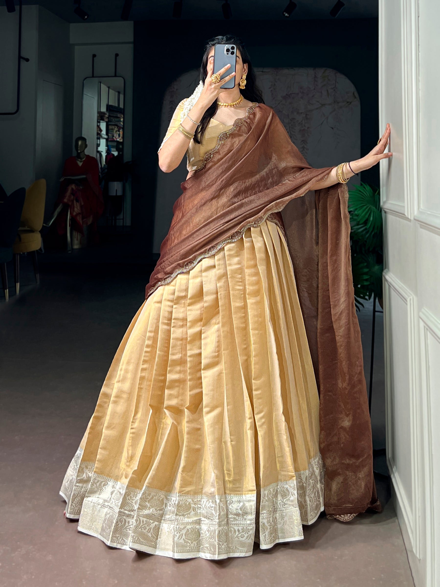 Cream Kanchipuram Zari Weaving Work Lehenga Choli with Dupatta
