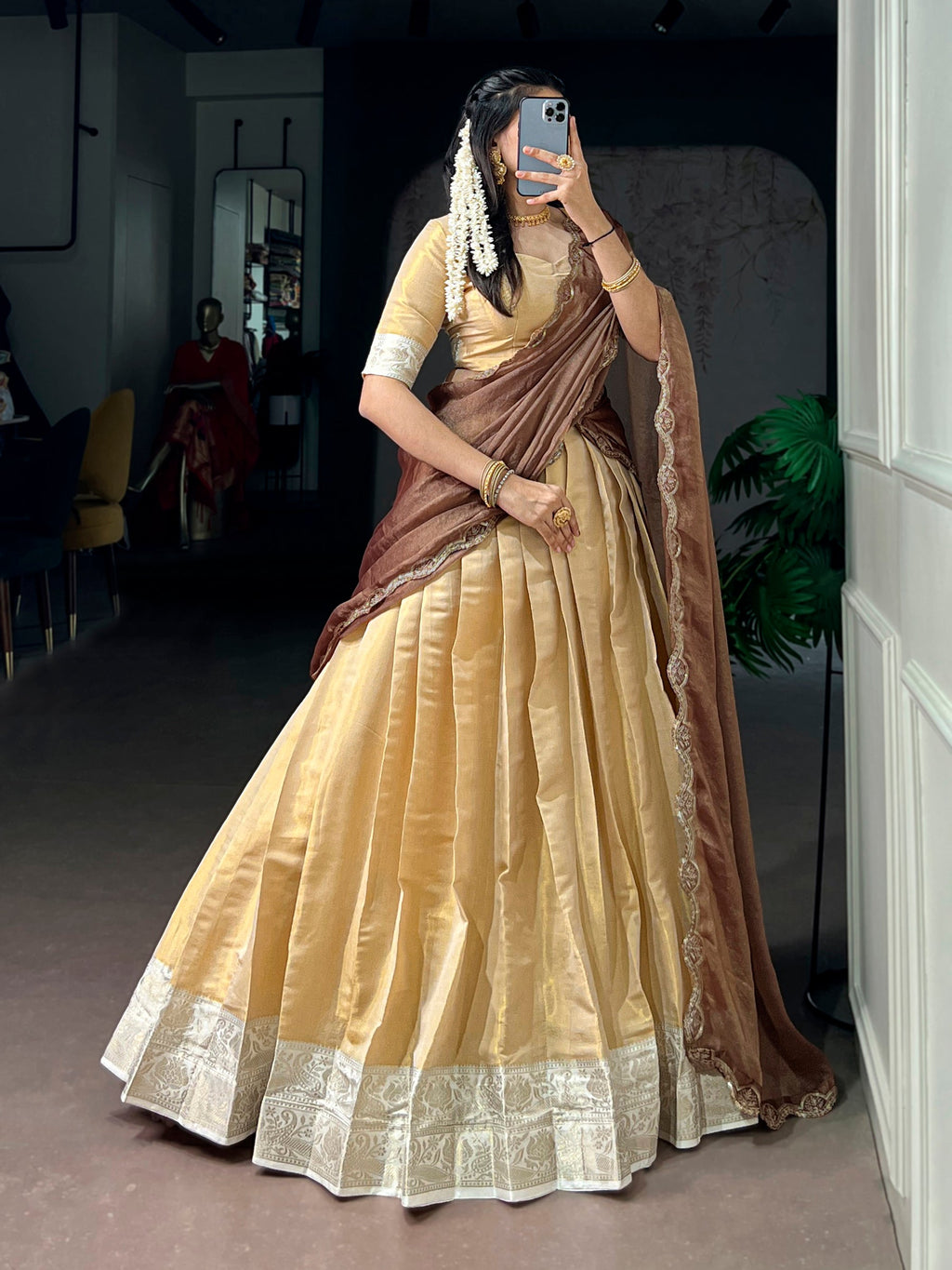 Cream Kanchipuram Zari Weaving Work Lehenga Choli with Dupatta