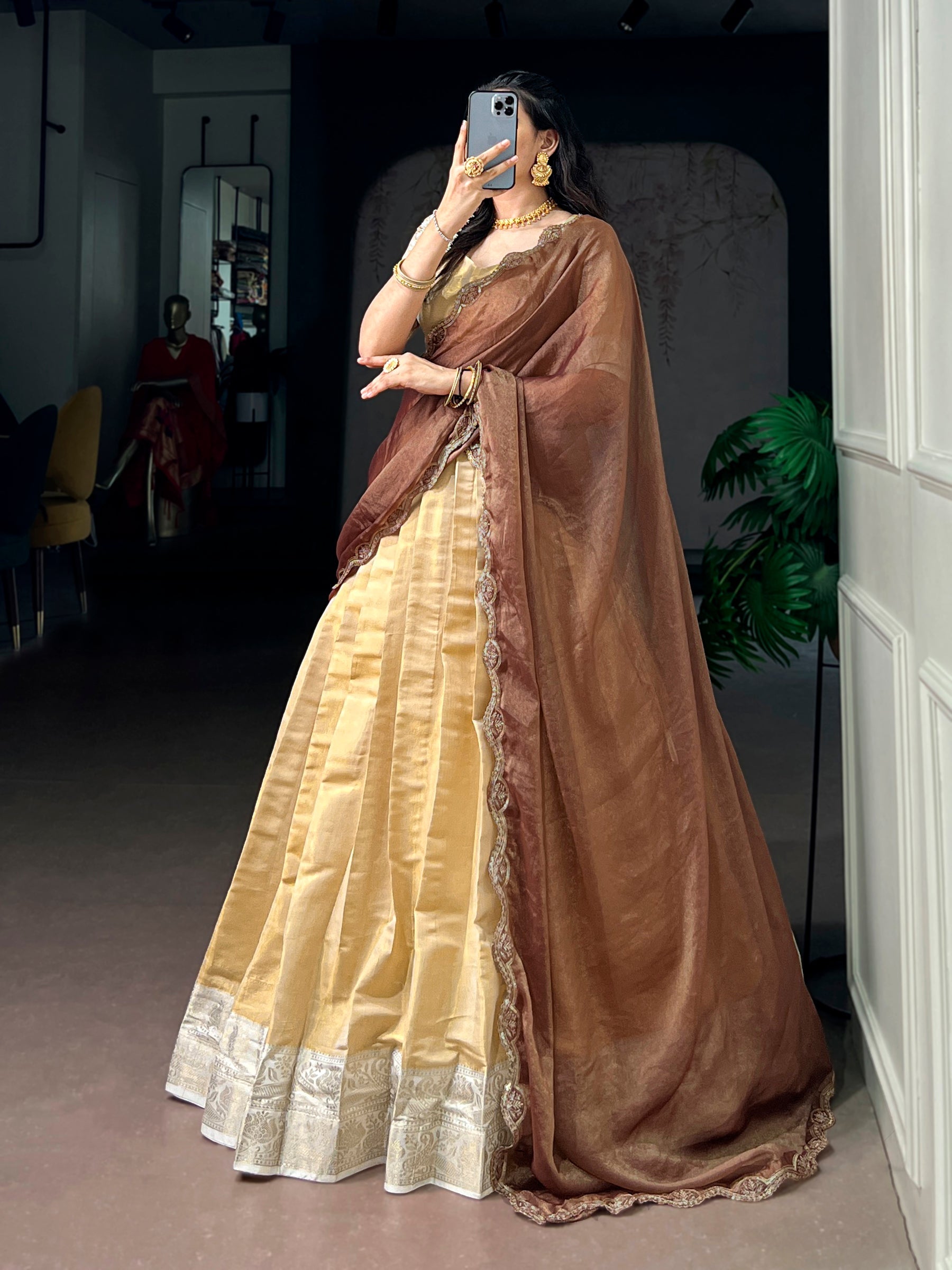 Cream Kanchipuram Zari Weaving Work Lehenga Choli with Dupatta