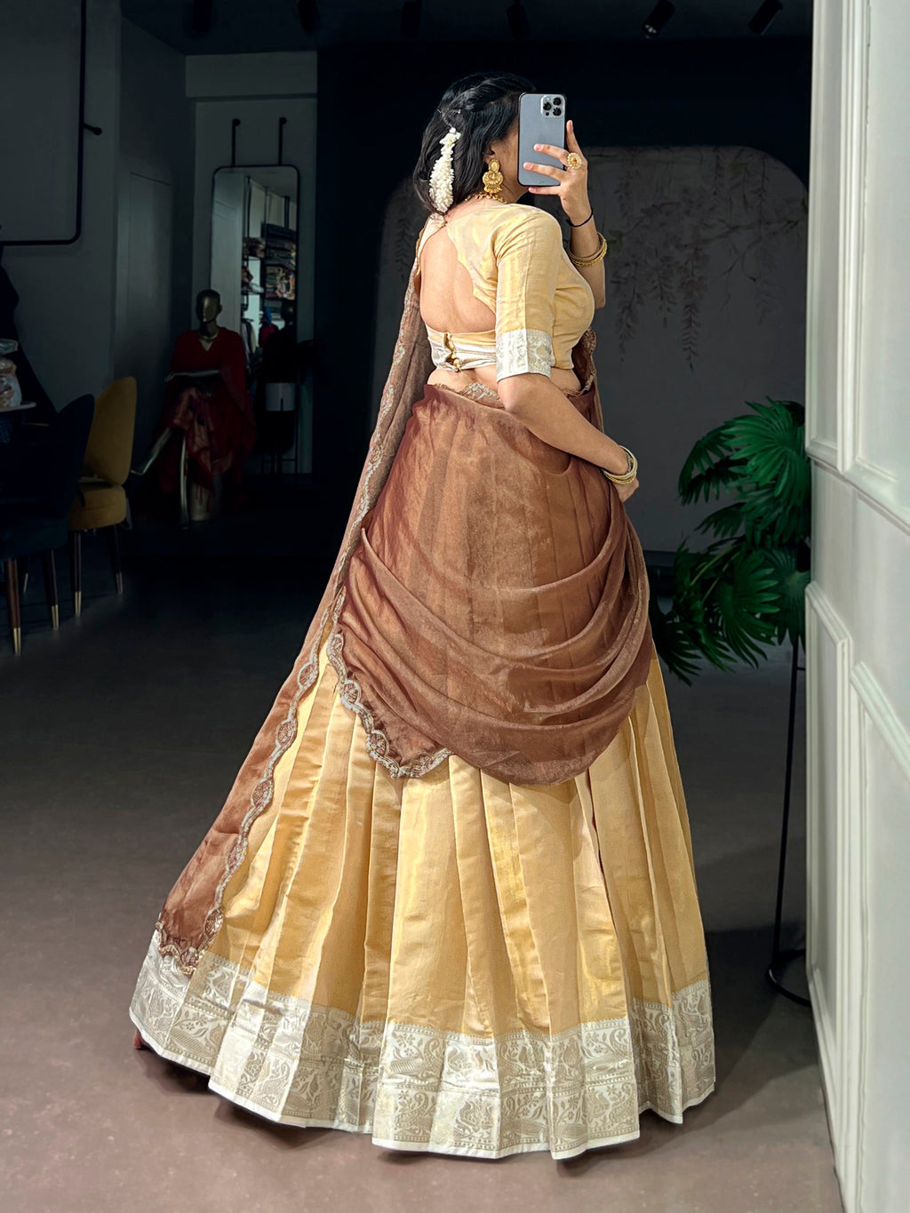 Cream Kanchipuram Zari Weaving Work Lehenga Choli with Dupatta