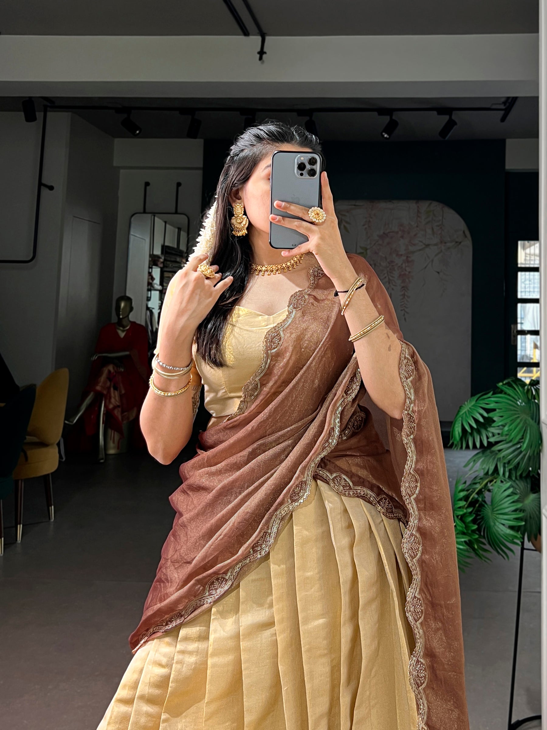 Cream Kanchipuram Zari Weaving Work Lehenga Choli with Dupatta