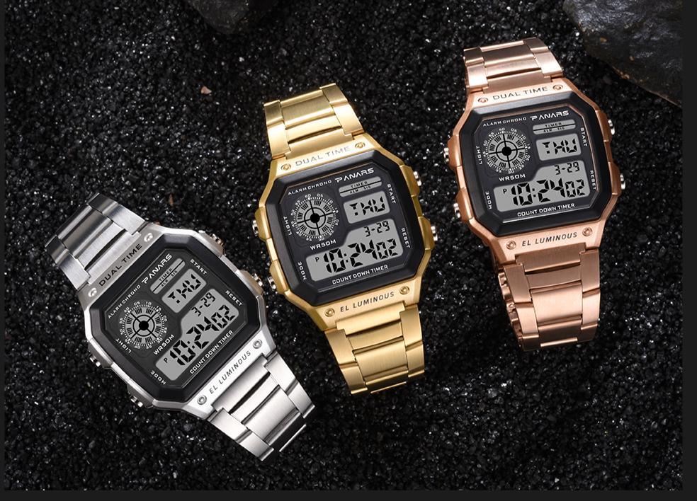 Unisex Retro Square Digital Sport Watch with Stainless Steel Band