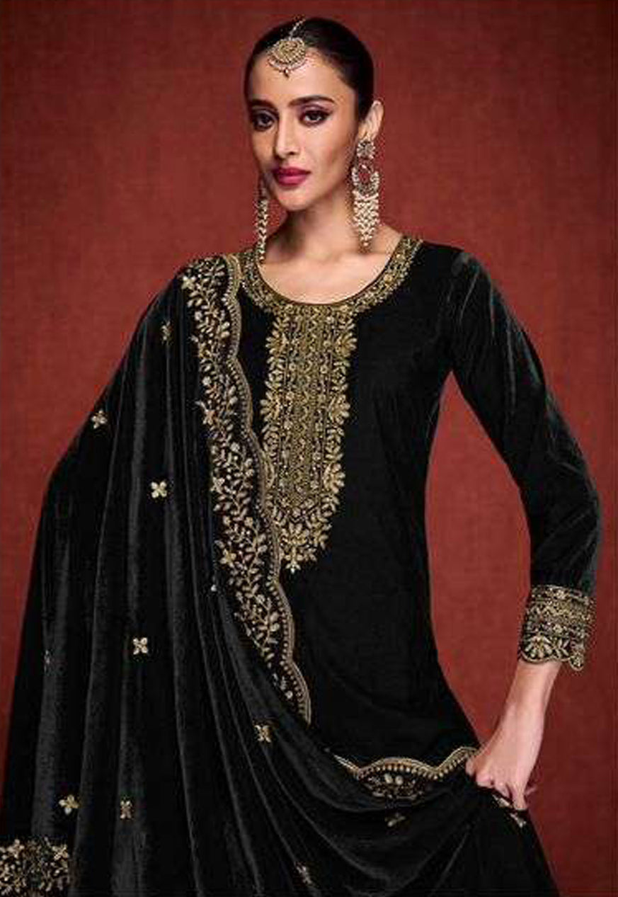 Women Black Velvet Embroidered Salwar Suit Dress Material