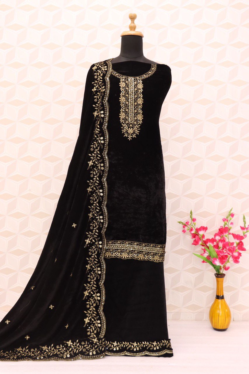 Women Black Velvet Embroidered Salwar Suit Dress Material