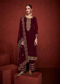 Maroon velvet salwar suit material with heavy embroidery and sequence work