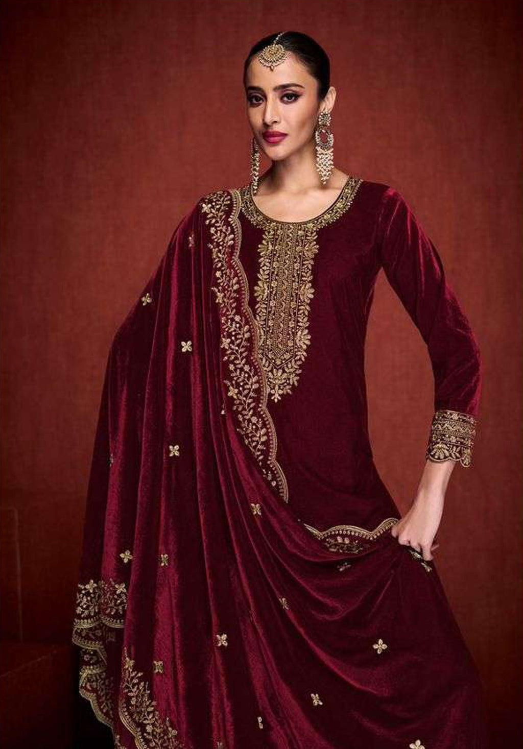 Maroon Velvet Embroidered Salwar Suit Dress Material for Women