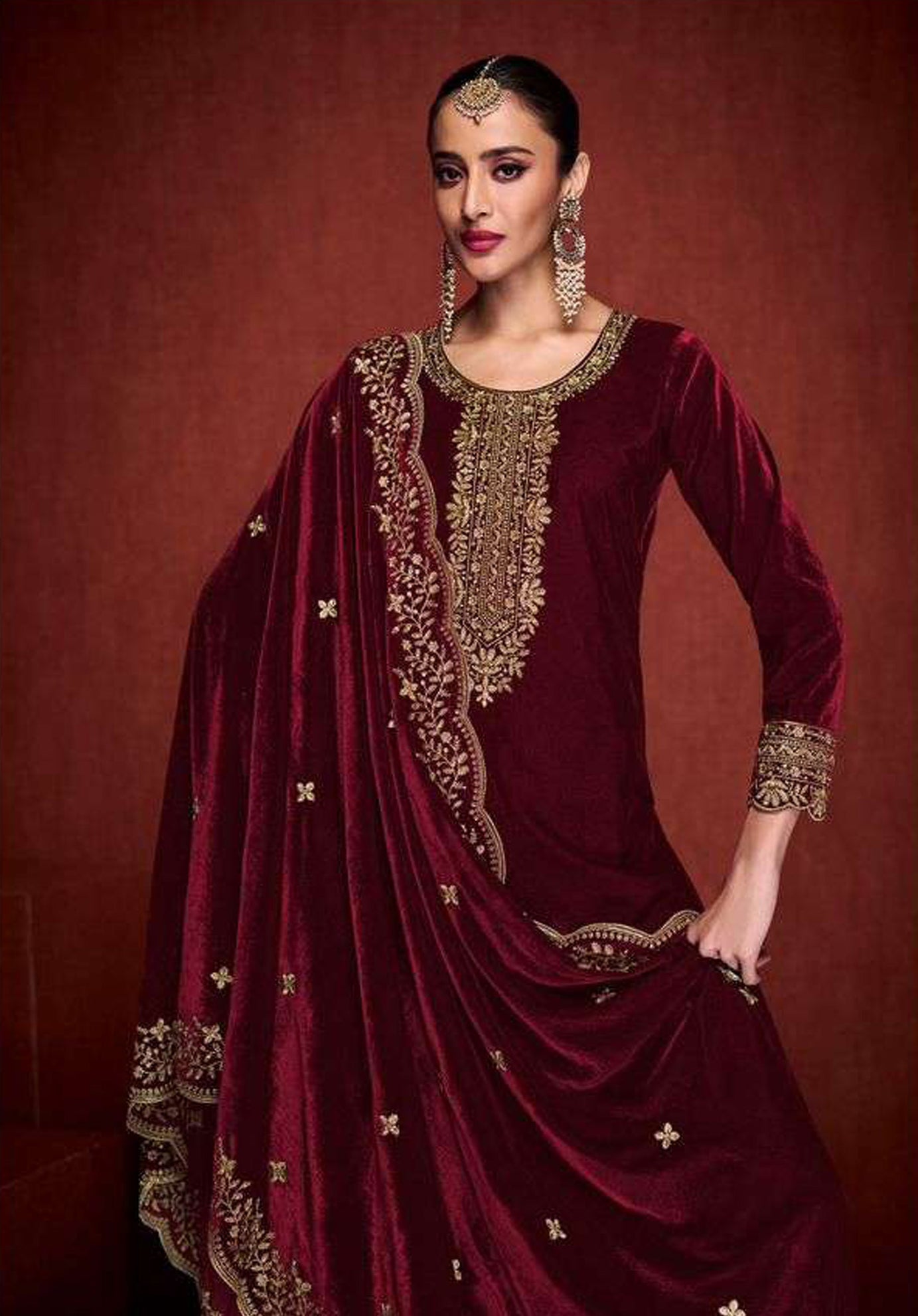 Maroon Velvet Embroidered Salwar Suit Dress Material for Women