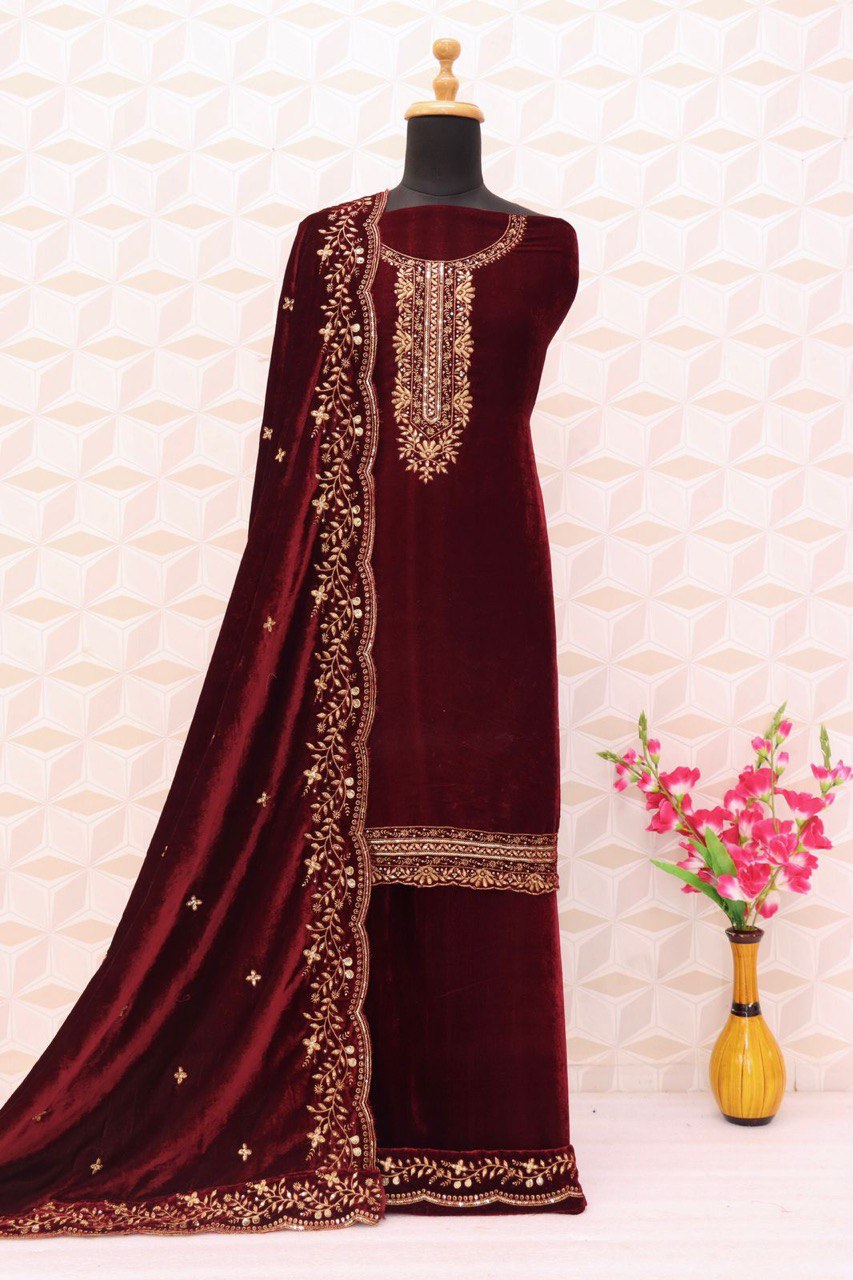 Maroon Velvet Embroidered Salwar Suit Dress Material for Women