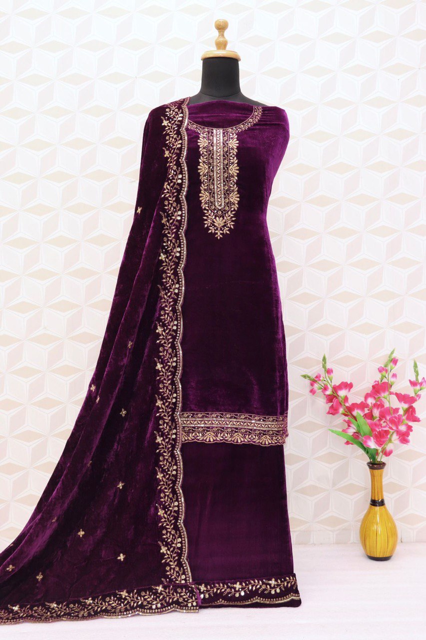 Lorenvalley Fashion Women Purple Velvet Embroidered Salwar Suit Material