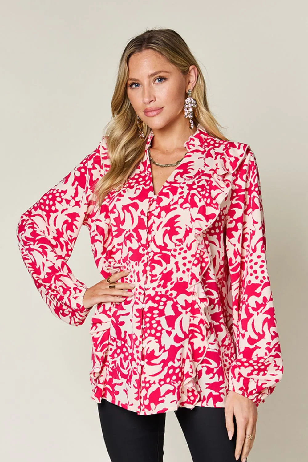 Printed Ruffle Trim Balloon Sleeve Shirt | Buttoned Blouse