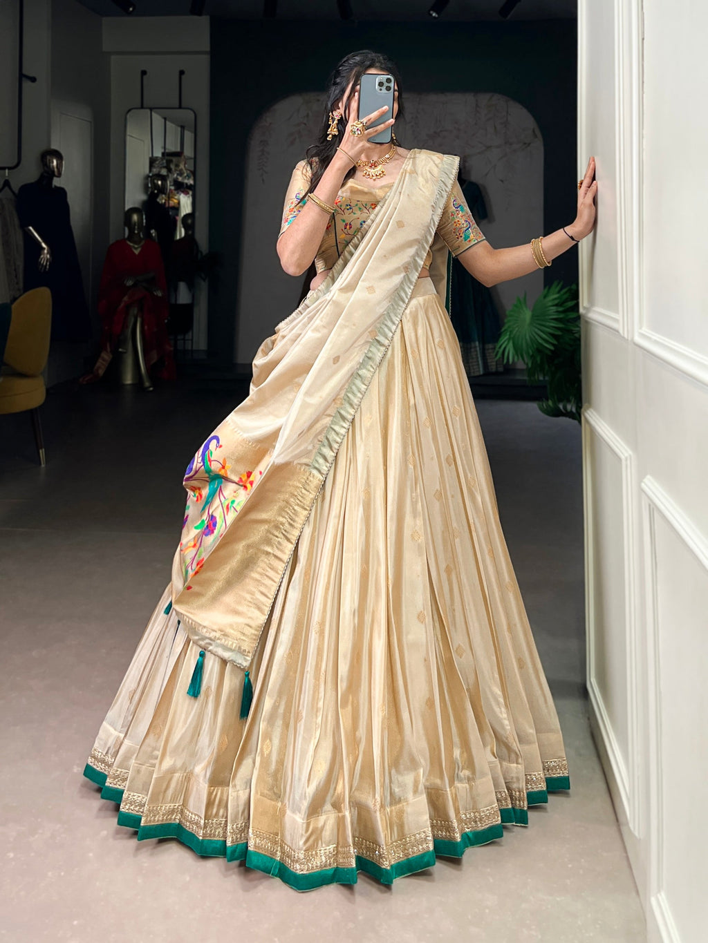 Lorenvalley Fashion Cream Shimmer Paithani Zari Weaving Work Lehenga Choli with Dupatta