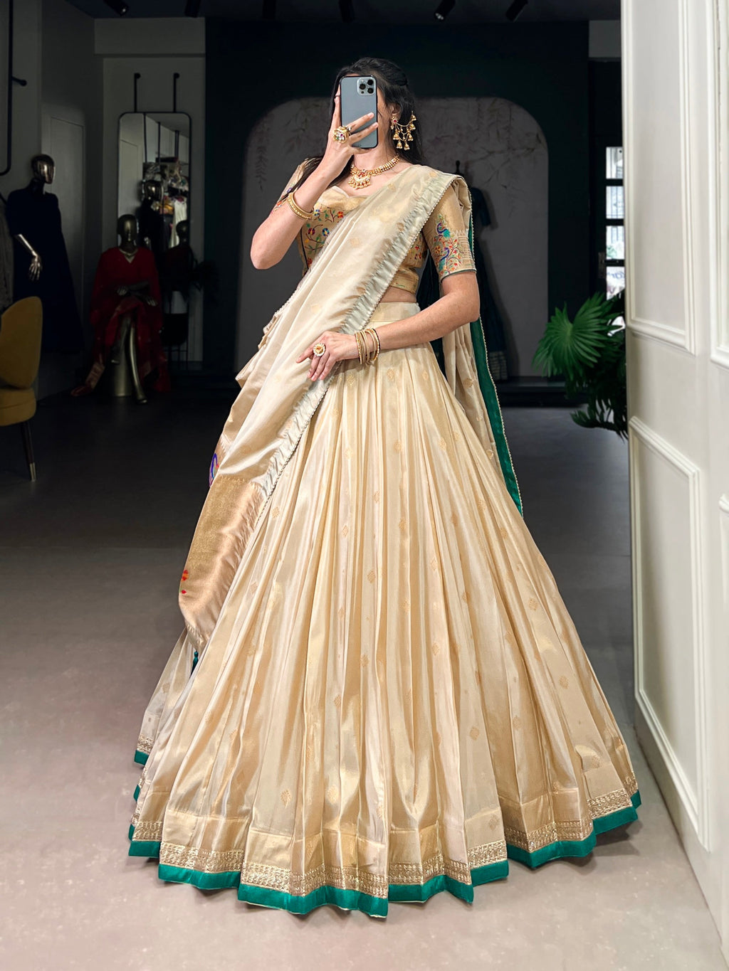 Lorenvalley Fashion Cream Shimmer Paithani Zari Weaving Work Lehenga Choli with Dupatta