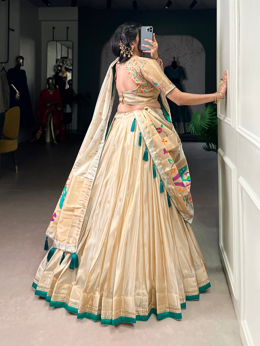 Lorenvalley Fashion Cream Shimmer Paithani Zari Weaving Work Lehenga Choli with Dupatta