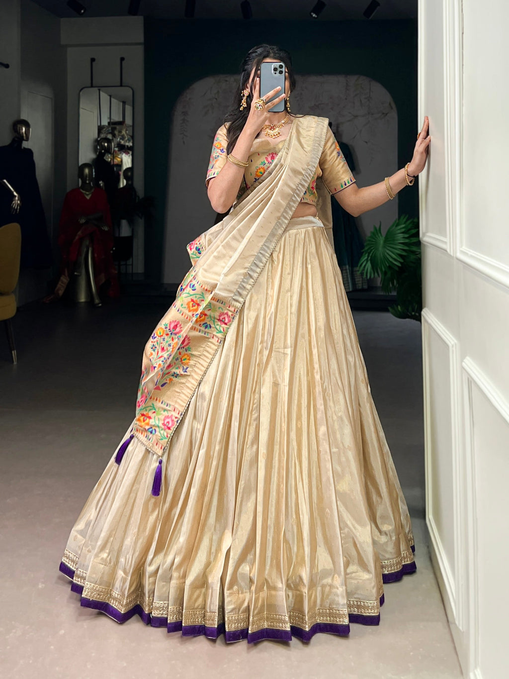 Lorenvalley Fashion Cream Shimmer Paithani Zari Weaving Work Lehenga Choli with Dupatta