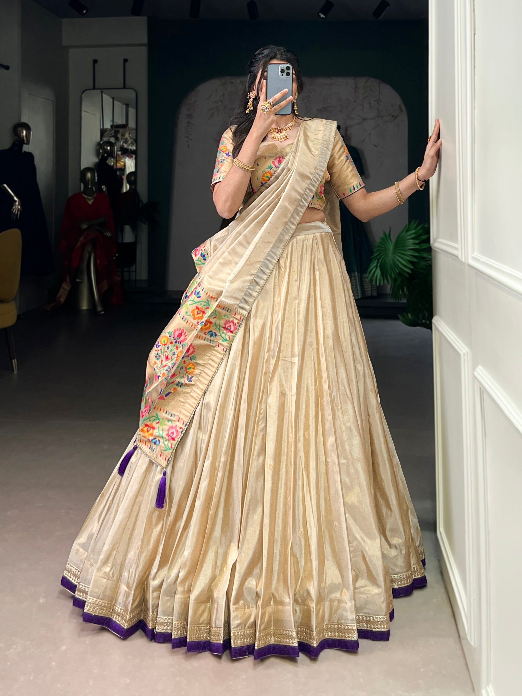 Lorenvalley Fashion Cream Shimmer Paithani Zari Weaving Work Lehenga Choli with Dupatta